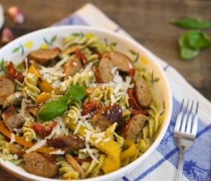 Spicy Italian sausage with noodles, sun dried tomatoes and cheese.