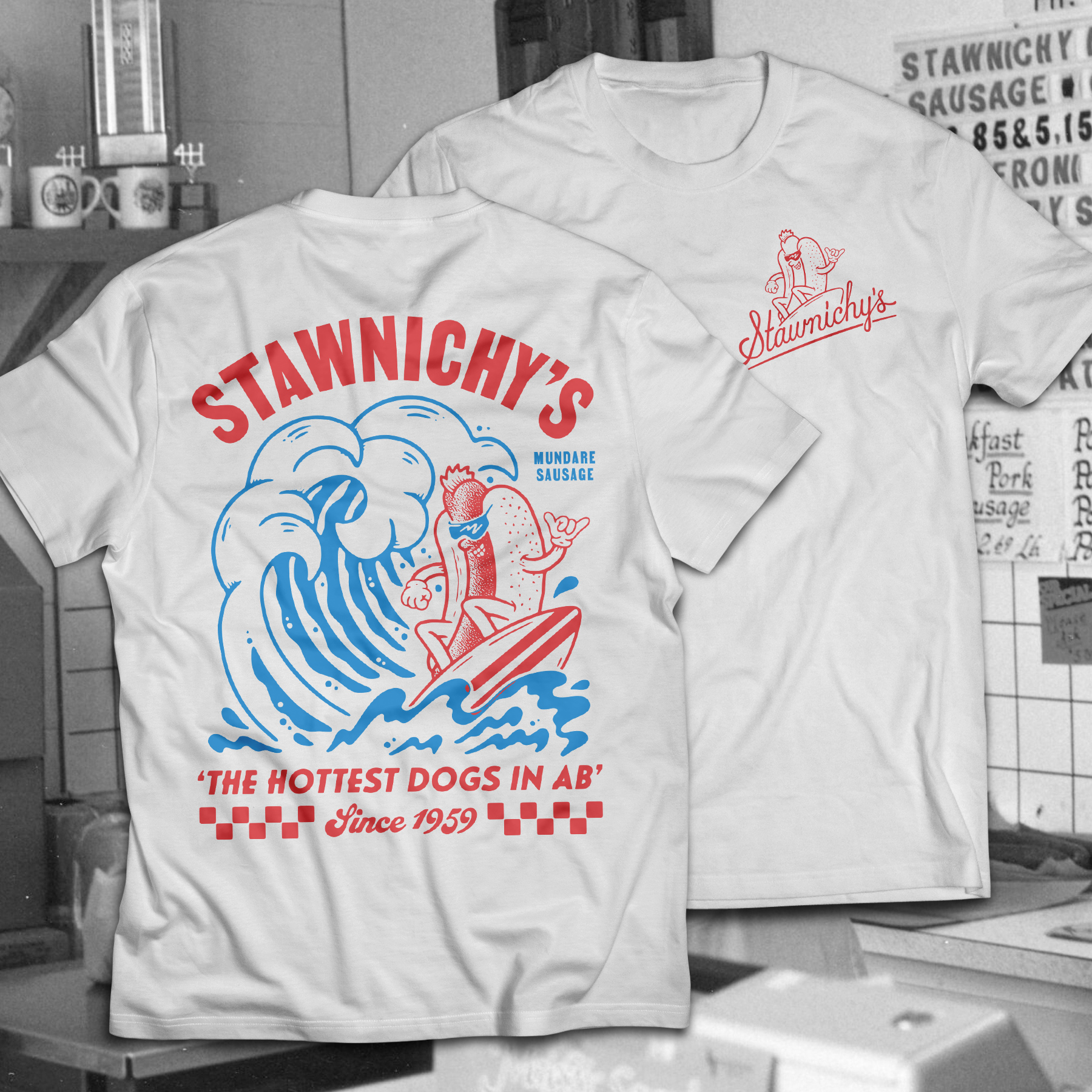 Hot Grill Summer Surfing Dog t-shirt Hottest Dogs in AB Since 1959